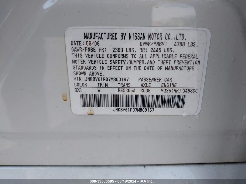 2007 Infiniti G35X VIN: JNKBV61F07M800167 Lot: 39683585