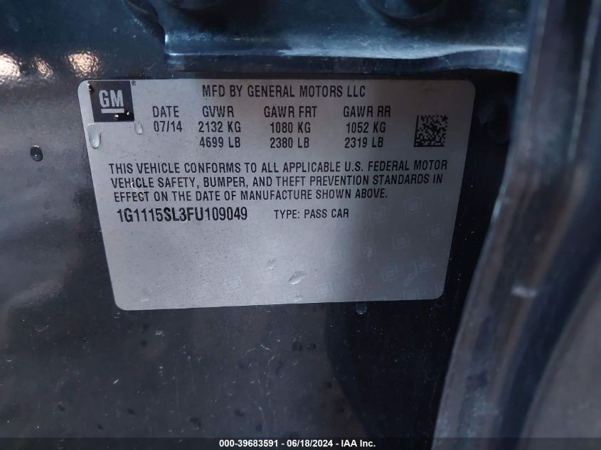 2015 Chevrolet Impala 1Lt VIN: 1G1115SL3FU109049 Lot: 39683591