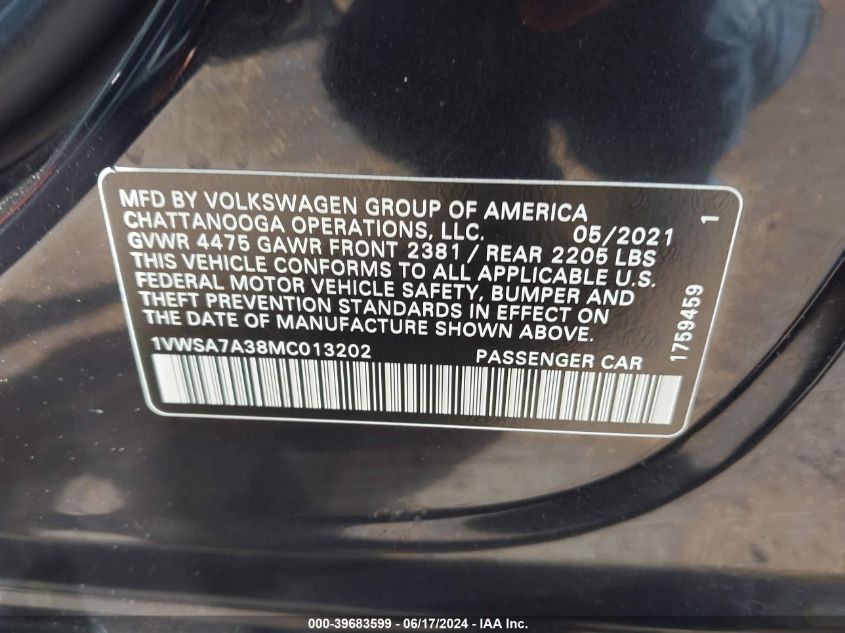2021 Volkswagen Passat 2.0T Se VIN: 1VWSA7A38MC013202 Lot: 39683599