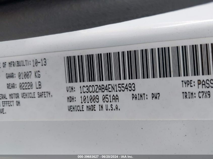 2014 Dodge Avenger Se VIN: 1C3CDZAB4EN155493 Lot: 39683627