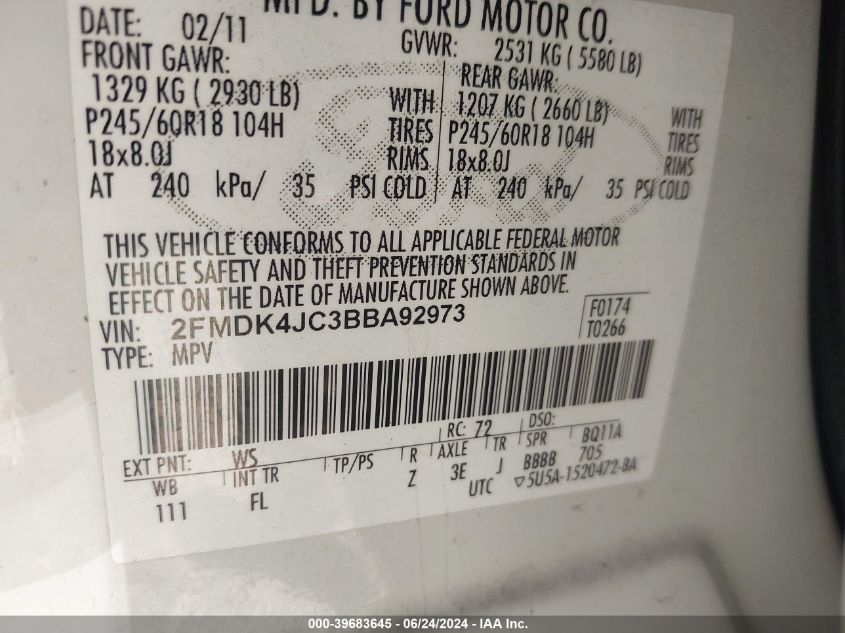 2011 Ford Edge Sel VIN: 2FMDK4JC3BBA92973 Lot: 39683645