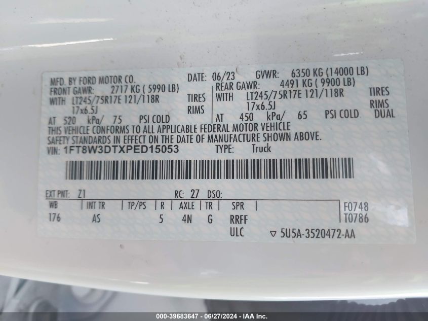 2023 Ford F-350 Xl VIN: 1FT8W3DTXPED15053 Lot: 39683647