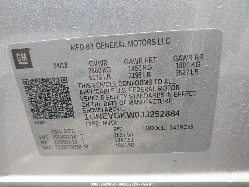 2018 Chevrolet Traverse 1Lt VIN: 1GNEVGKW0JJ252884 Lot: 39683654