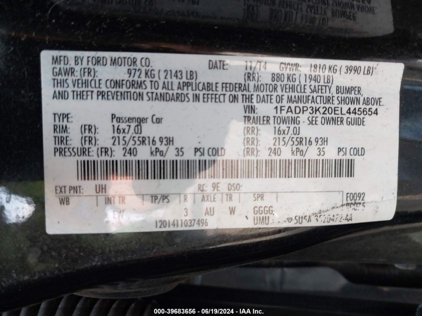 2014 Ford Focus Se VIN: 1FADP3K20EL445654 Lot: 39683656