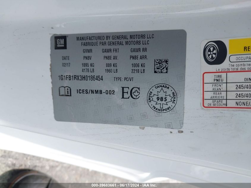 2017 Chevrolet Camaro 1Lt VIN: 1G1FB1RX3H0186454 Lot: 39683661