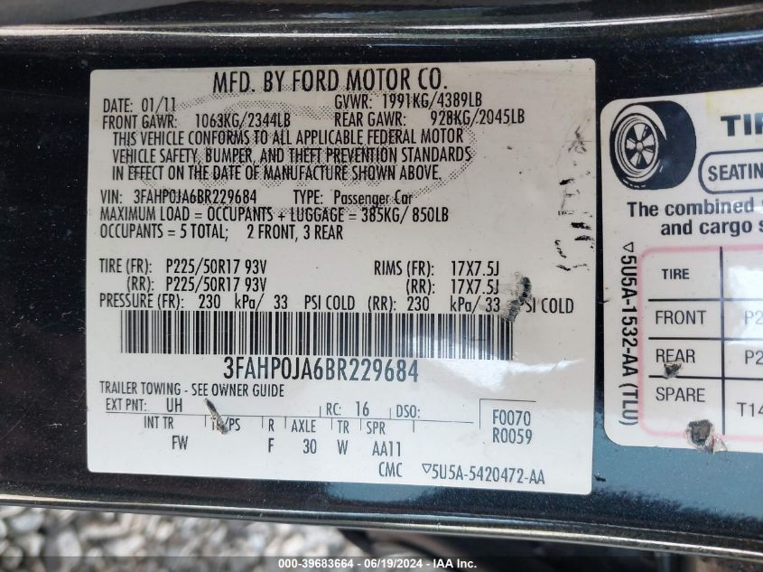 2011 Ford Fusion Sel VIN: 3FAHP0JA6BR229684 Lot: 39683664