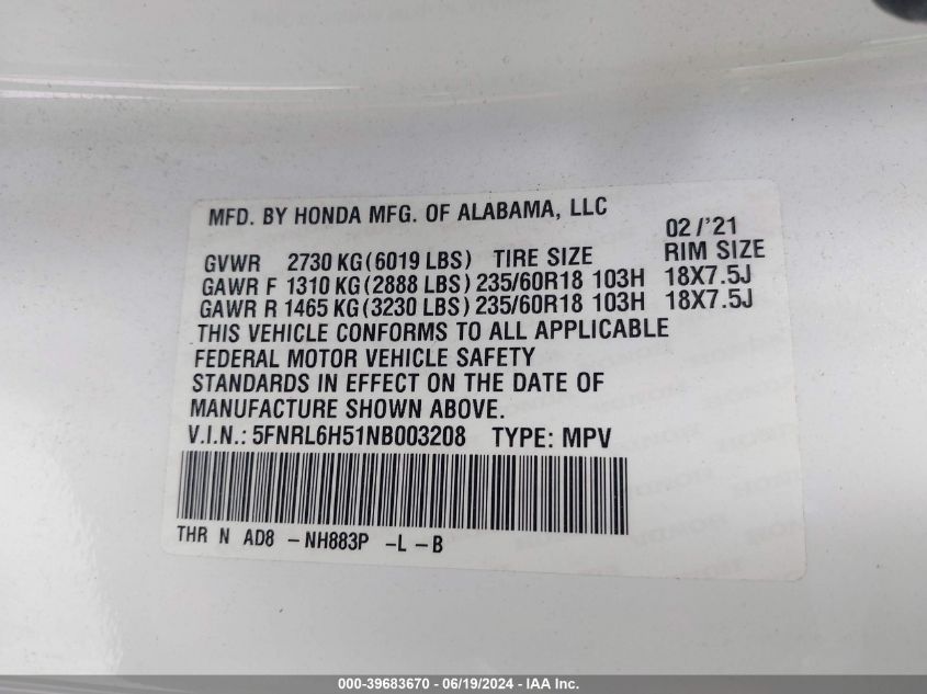 2022 Honda Odyssey Ex VIN: 5FNRL6H51NB003208 Lot: 39683670