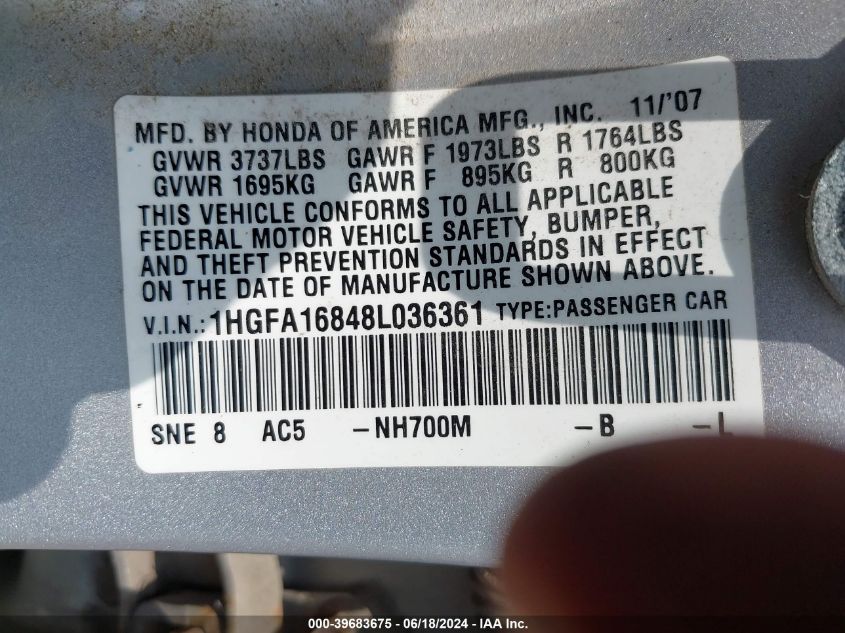 2008 Honda Civic Ex VIN: 1HGFA16848L036361 Lot: 39683675