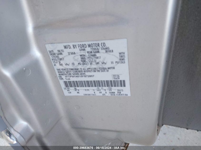 2005 Ford F-150 Fx4/Lariat/Xlt VIN: 1FTPW14515FB72857 Lot: 39683676