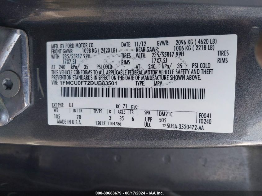 2013 Ford Escape S VIN: 1FMCU0F72DUB83501 Lot: 39683679