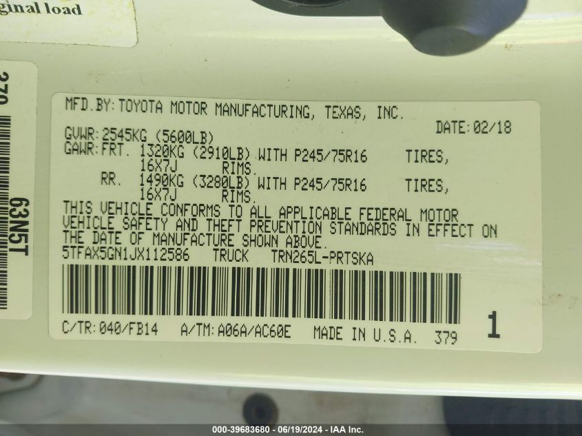 2018 Toyota Tacoma Double Cab/Sr/Sr5 VIN: 5TFAX5GN1JX112586 Lot: 39683680