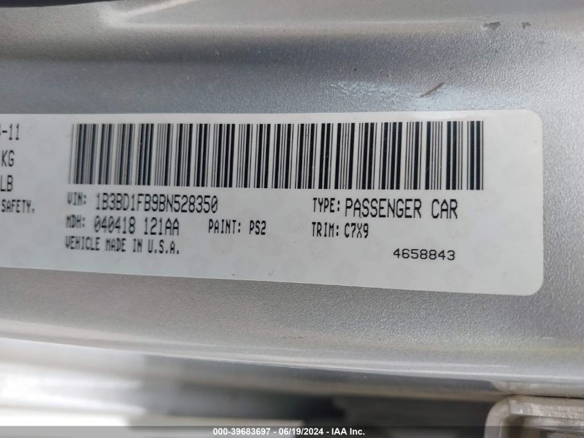 2011 Dodge Avenger Mainstreet VIN: 1B3BD1FB9BN528350 Lot: 39683697