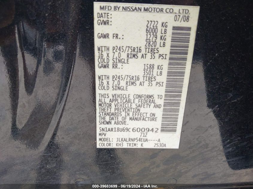 2009 Nissan Pathfinder S VIN: 5N1AR18U69C600942 Lot: 39683699