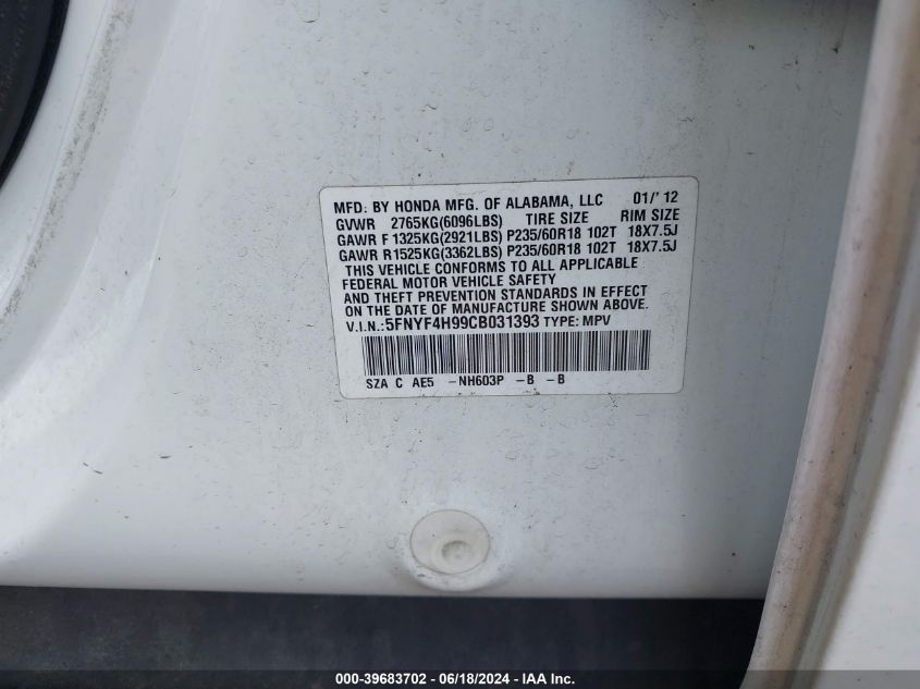 2012 Honda Pilot Touring VIN: 5FNYF4H99CB031393 Lot: 39683702