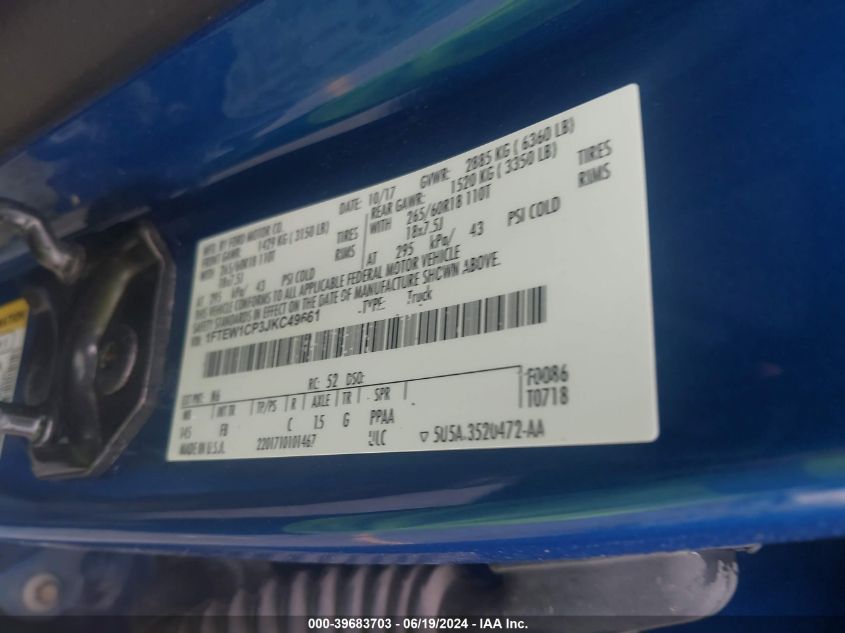 2018 Ford F-150 Xlt VIN: 1FTEW1CP3JKC49661 Lot: 39683703