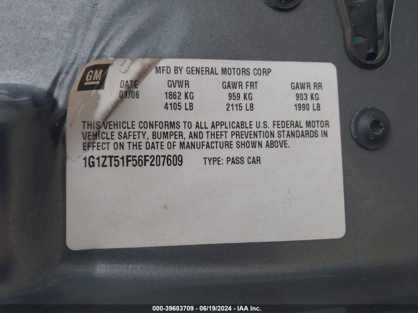 2006 Chevrolet Malibu Lt VIN: 1G1ZT51F56F207609 Lot: 39683709