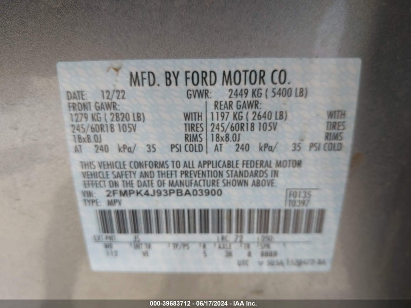 2023 Ford Edge Sel VIN: 2FMPK4J93PBA03900 Lot: 39683712