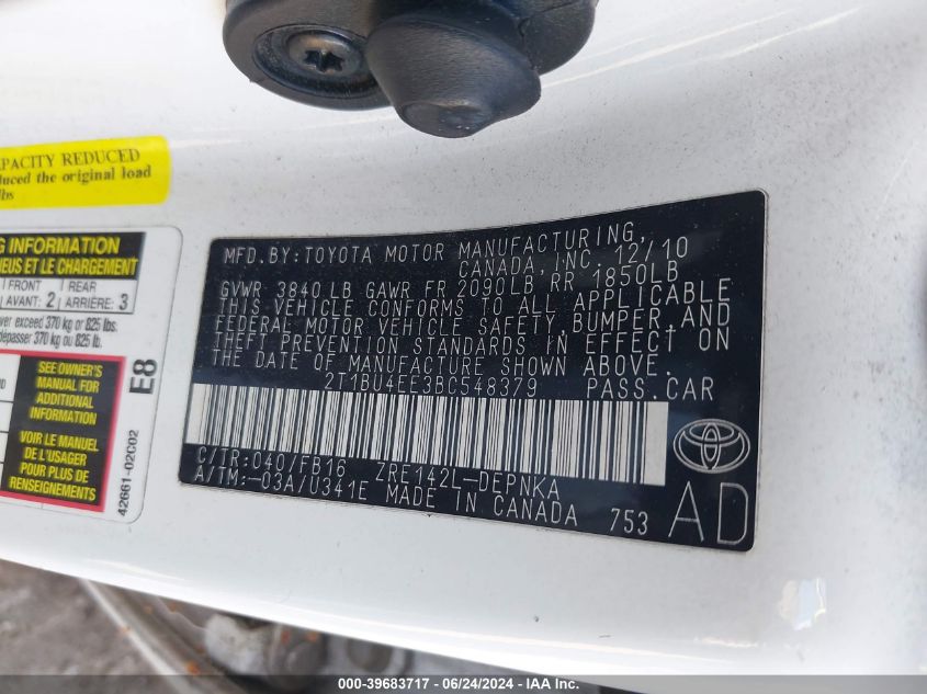 2011 Toyota Corolla Le VIN: 2T1BU4EE3BC548379 Lot: 39683717