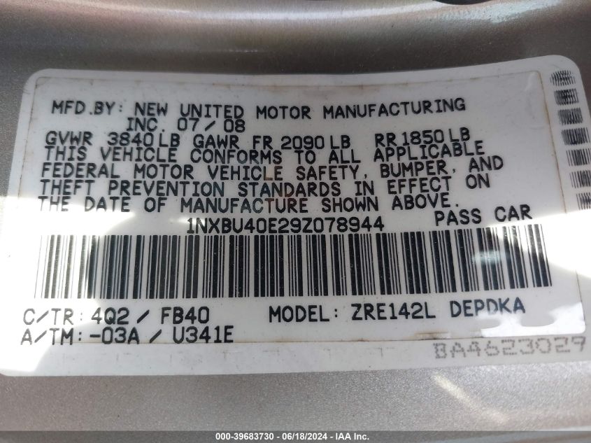 2009 Toyota Corolla Le VIN: 1NXBU40E29Z078944 Lot: 39683730