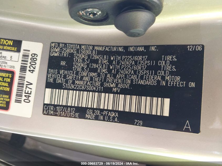 2007 Toyota Sienna Xle/Xle Limited VIN: 5TDZK22C87S004311 Lot: 39683729