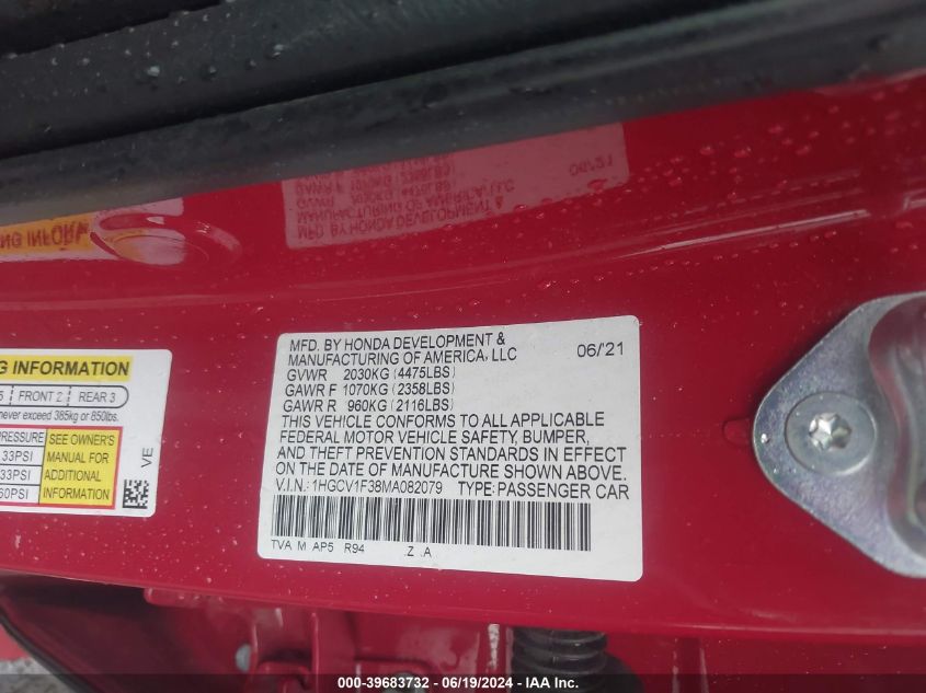 2021 Honda Accord Sport VIN: 1HGCV1F38MA082079 Lot: 39683732