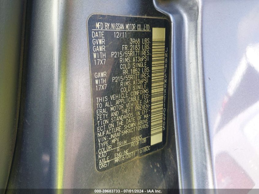 2012 Nissan Juke Sl VIN: JN8AF5MRXCT105905 Lot: 39683733