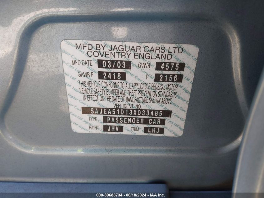 2003 Jaguar X-Type 2.5 VIN: SAJEA51D13XD33485 Lot: 39683734