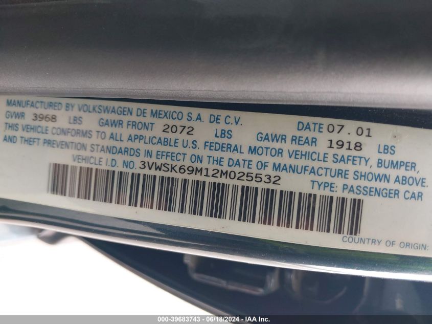 2002 Volkswagen Jetta Gls VIN: 3VWSK69M12M025532 Lot: 39683743