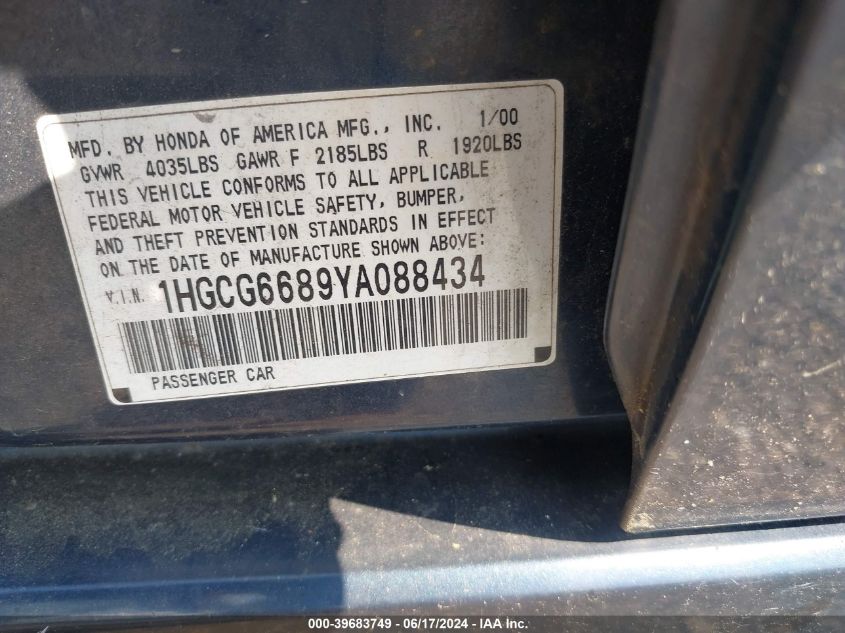 1HGCG6689YA088434 | 2000 HONDA ACCORD