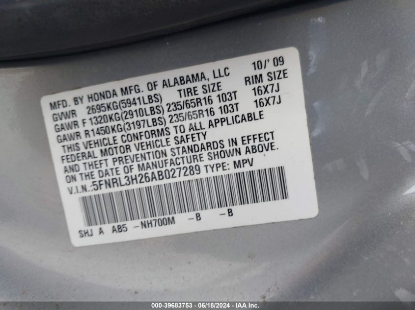 2010 Honda Odyssey Lx VIN: 5FNRL3H26AB027289 Lot: 39683753