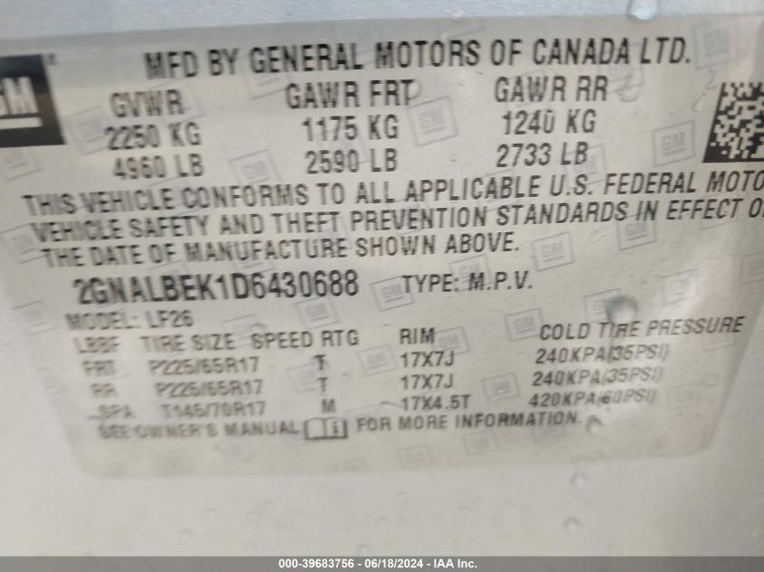 2GNALBEK1D6430688 2013 Chevrolet Equinox Ls