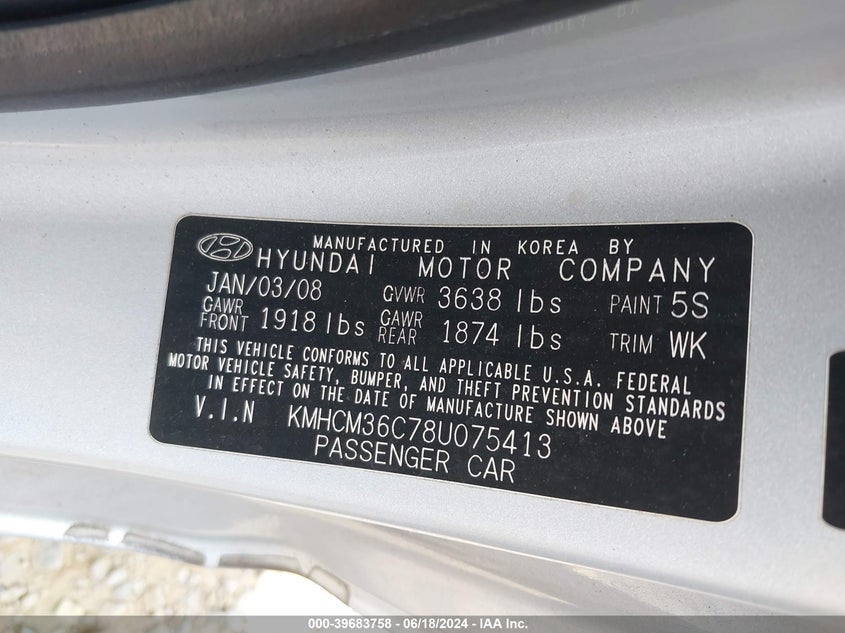 2008 Hyundai Accent Gs VIN: KMHCM36C78U075413 Lot: 39683758