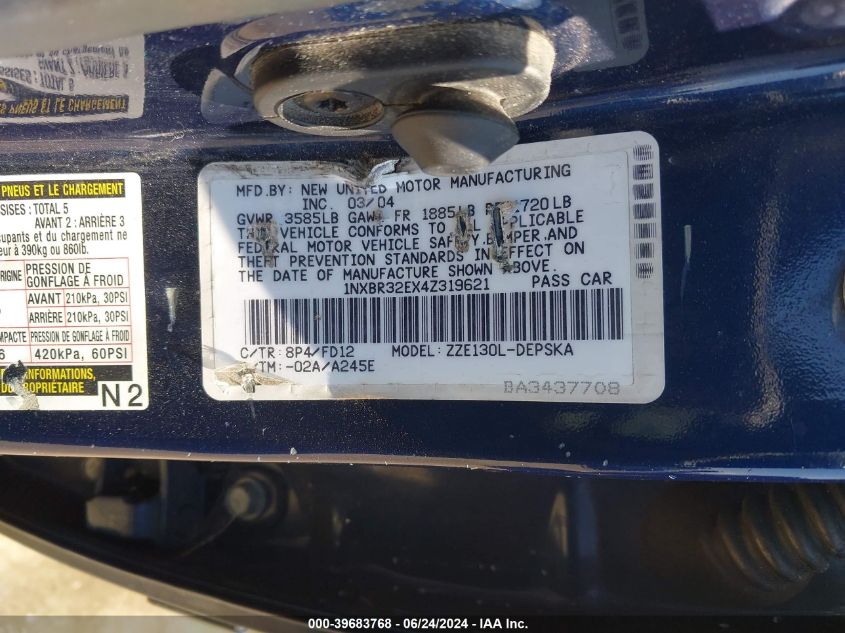 2004 Toyota Corolla S VIN: 1NXBR32EX4Z319621 Lot: 39683768