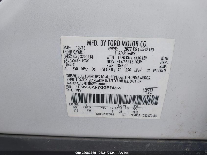 2016 Ford Explorer Police Interceptor VIN: 1FM5K8AR7GGB74365 Lot: 39683769