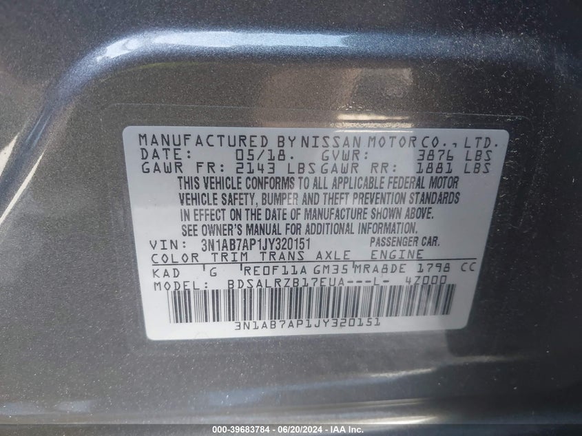 2018 Nissan Sentra Sr VIN: 3N1AB7AP1JY320151 Lot: 39683784