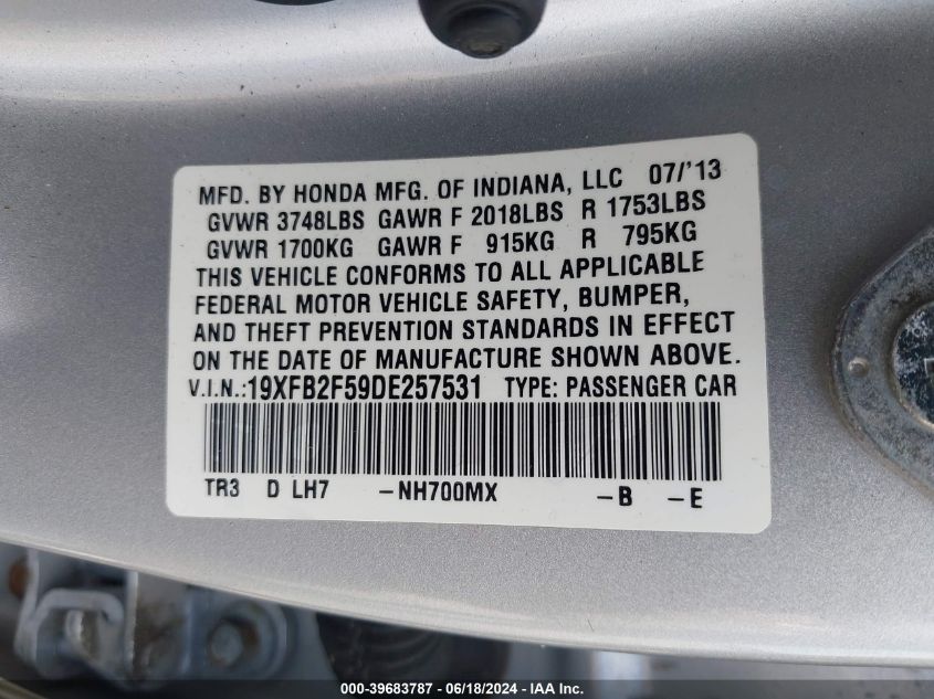 2013 Honda Civic Lx VIN: 19XFB2F59DE257531 Lot: 39683787
