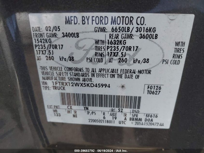 2005 Ford F-150 Stx/Xl/Xlt VIN: 1FTRX12WX5KD45994 Lot: 39683792