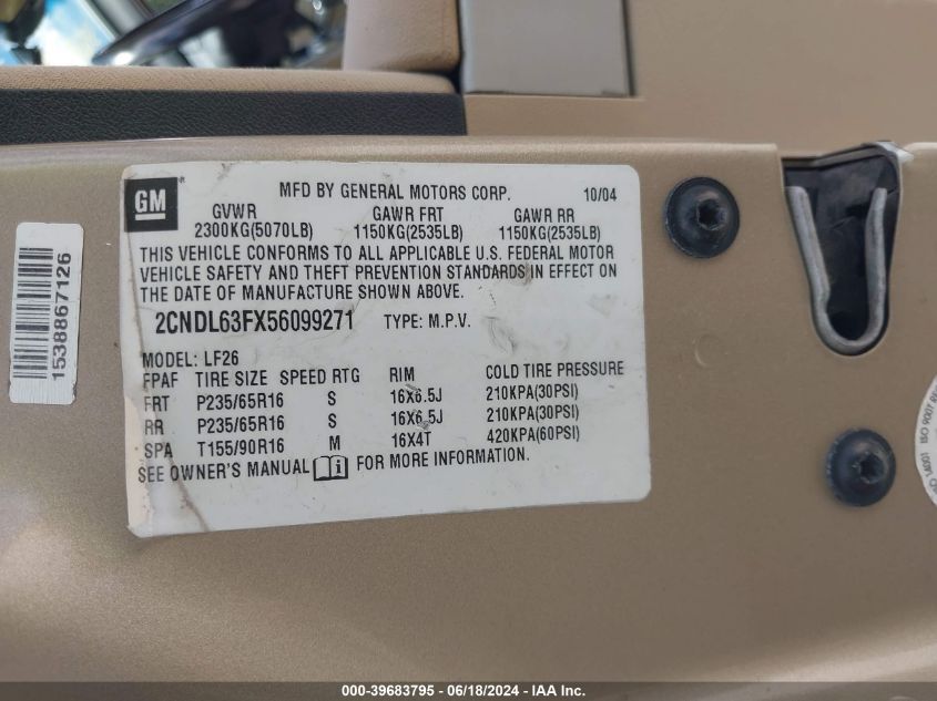 2005 Chevrolet Equinox Lt VIN: 2CNDL63FX56099271 Lot: 39683795