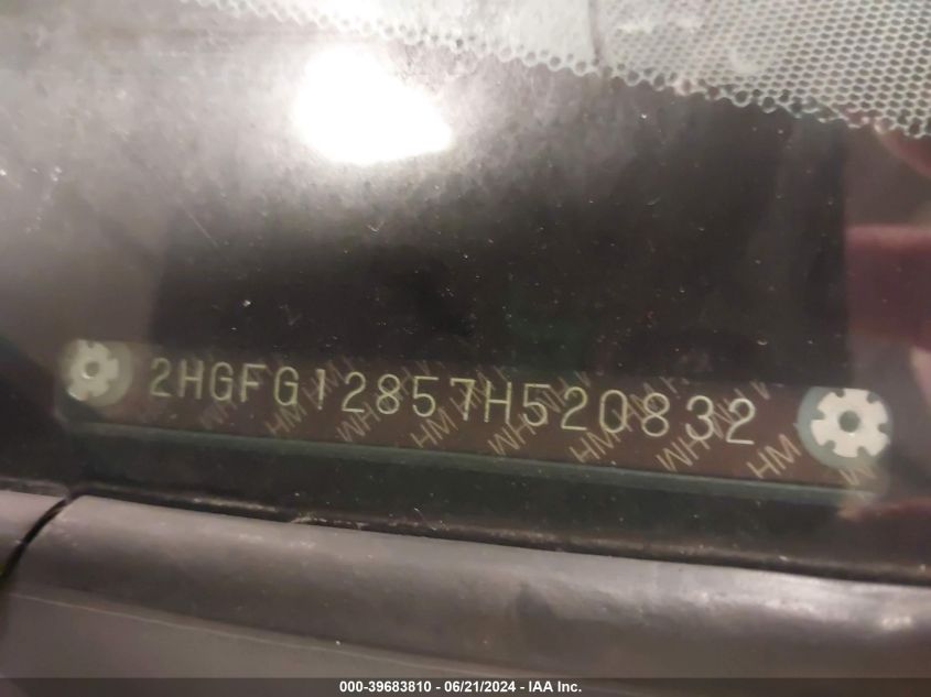2007 Honda Civic Ex VIN: 2HGFG12857H520832 Lot: 39683810