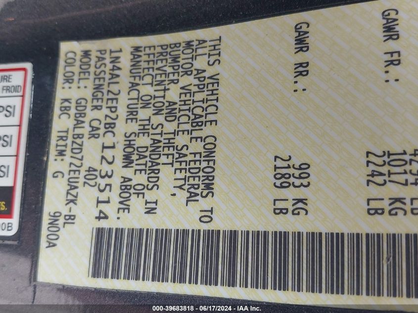 2011 Nissan Altima 2.5 S VIN: 1N4AL2EP2BC123514 Lot: 39683818