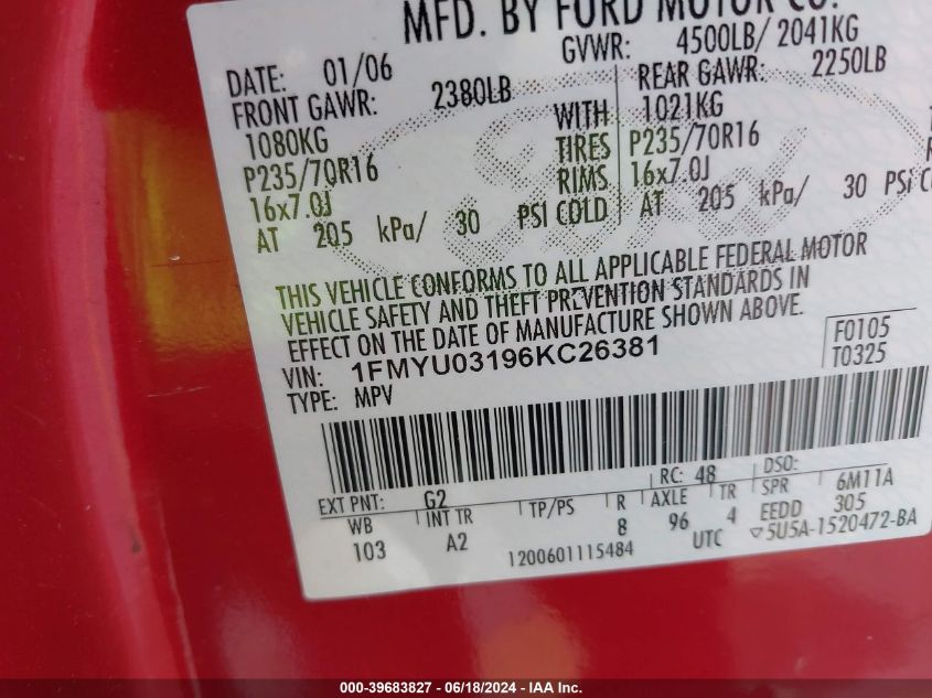 2006 Ford Escape Xlt/Xlt Sport VIN: 1FMYU03196KC26381 Lot: 39683827