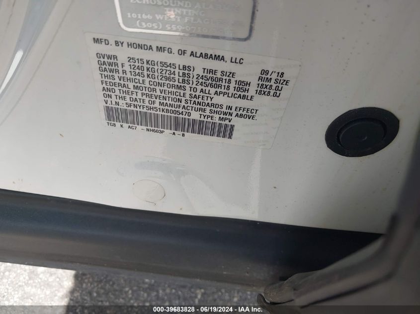 2019 Honda Pilot Exl VIN: 5FNYF5H51KB005470 Lot: 39683828