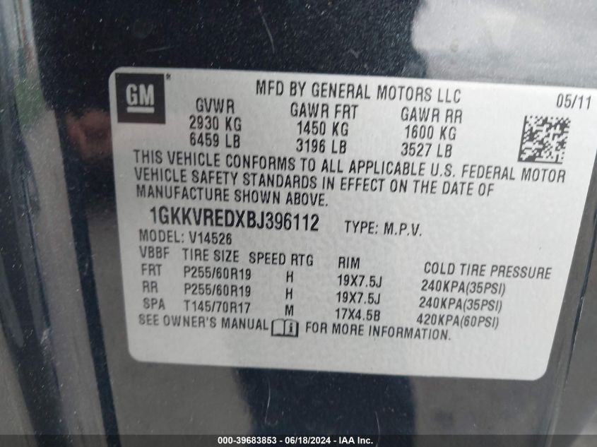 2011 GMC Acadia Slt-1 VIN: 1GKKVREDXBJ396112 Lot: 39683853