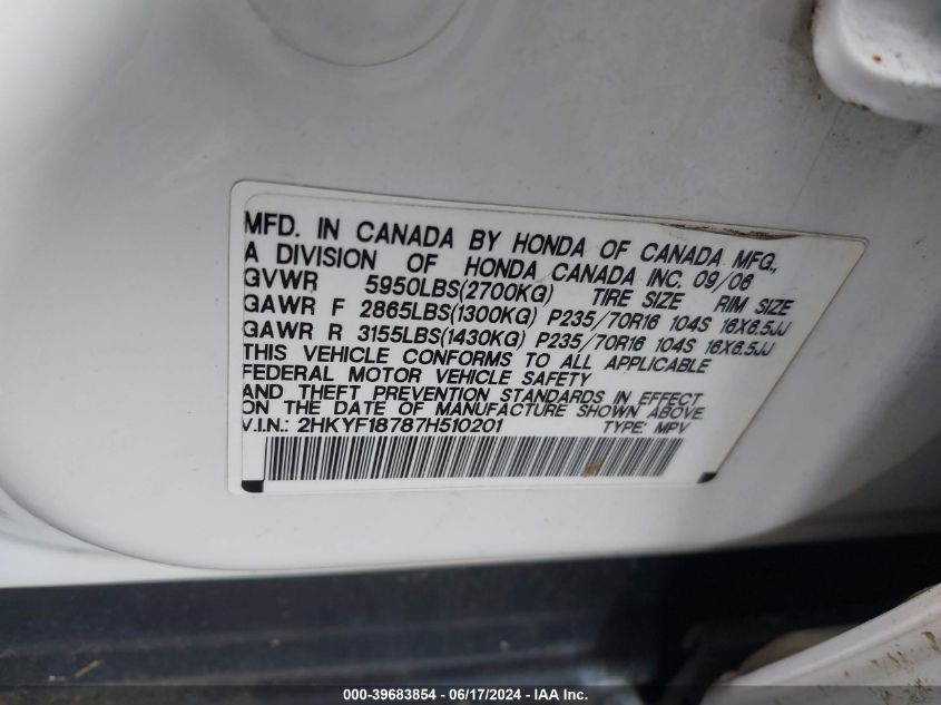 2007 Honda Pilot Ex-L VIN: 2HKYF18787H510201 Lot: 39683854