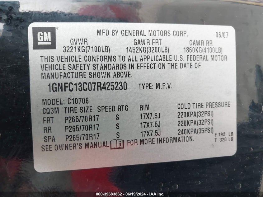 2007 Chevrolet Tahoe Ls VIN: 1GNFC13C07R425230 Lot: 39683862