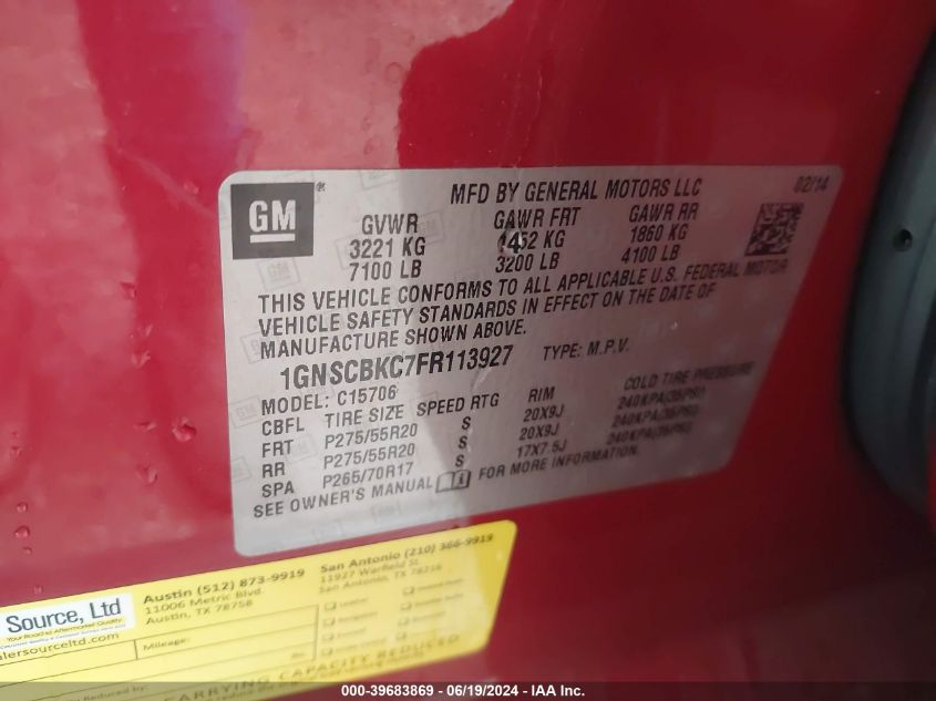2015 Chevrolet Tahoe Lt VIN: 1GNSCBKC7FR113927 Lot: 39683869