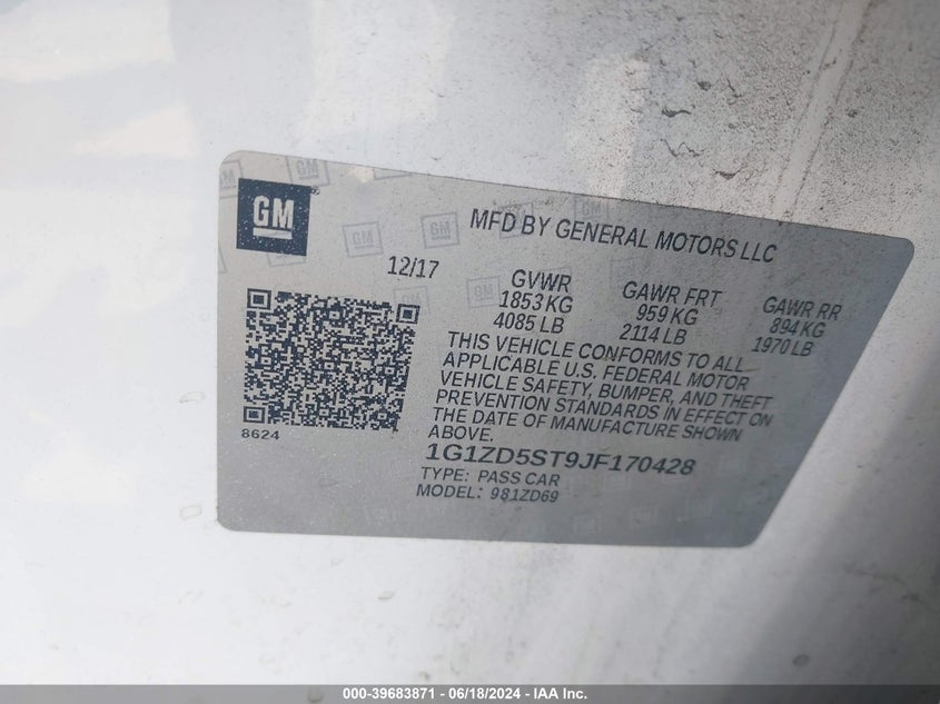 2018 Chevrolet Malibu Lt VIN: 1G1ZD5ST9JF170428 Lot: 39683871