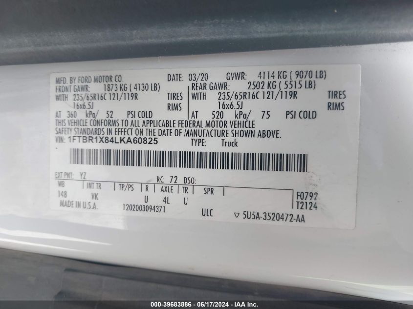 2020 Ford Transit-250 VIN: 1FTBR1X84LKA60825 Lot: 39683886
