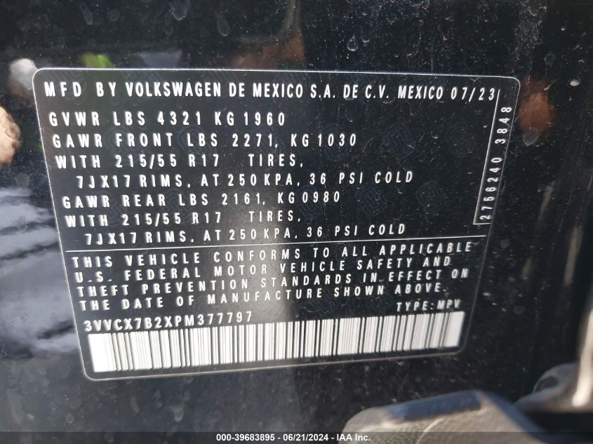 2023 Volkswagen Taos 1.5T S VIN: 3VVCX7B2XPM377797 Lot: 39683895