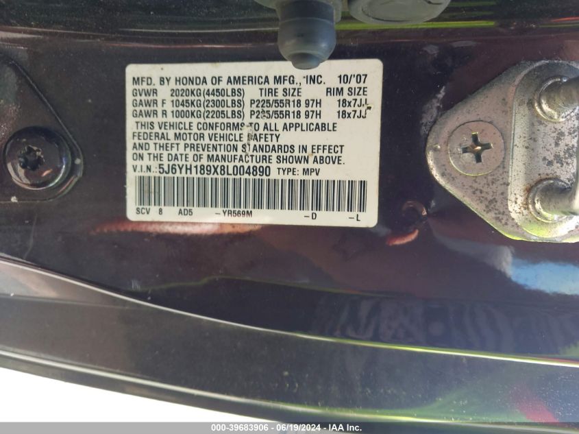 2008 Honda Element Sc VIN: 5J6YH189X8L004890 Lot: 39683906